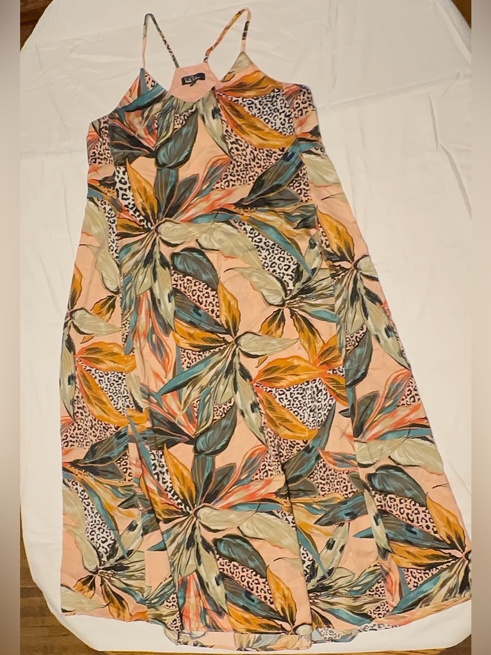 Nicole Miller Tropical Botanical Leopard Print Open Back Long Sleeve Dress Large - Picture 2 of 9